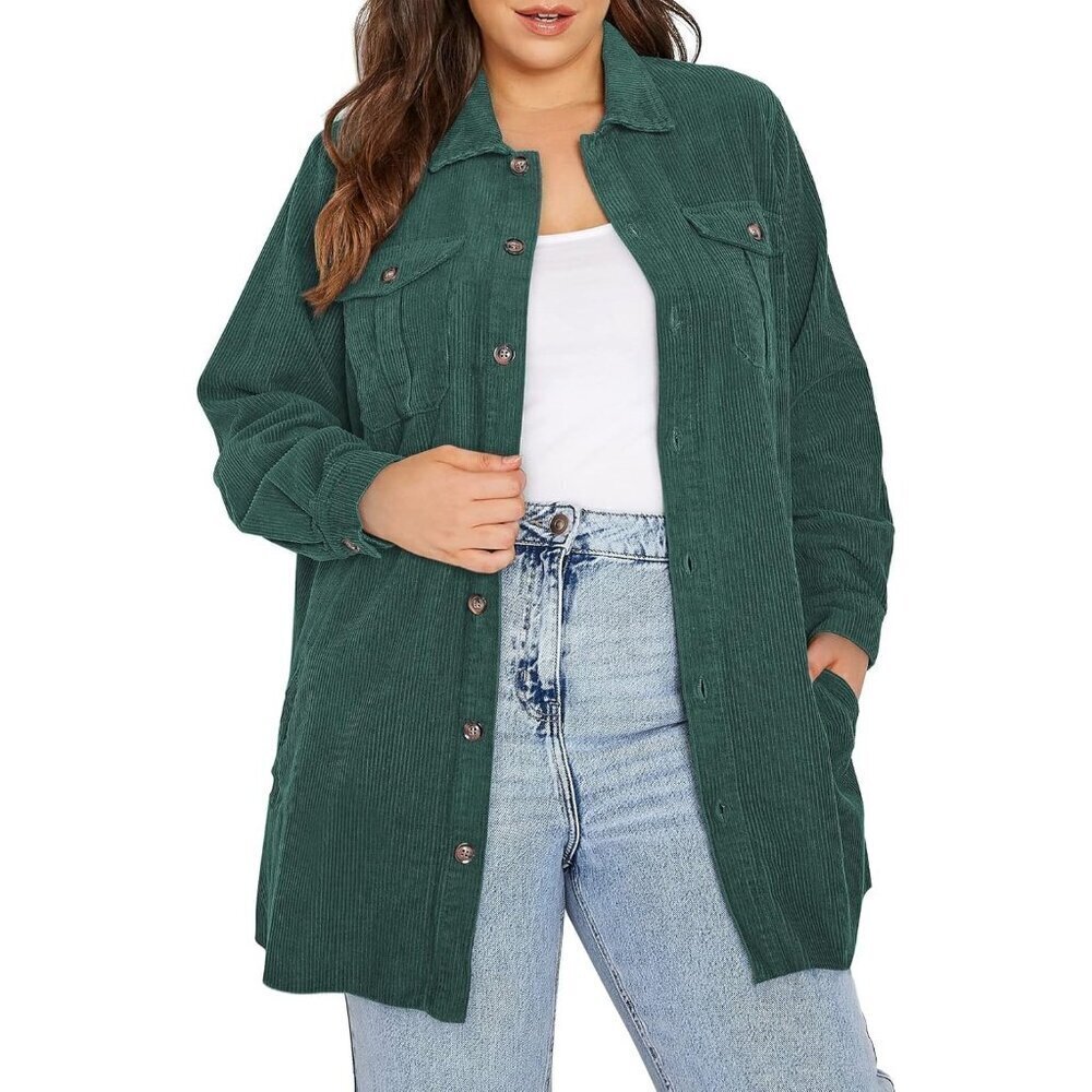 🆕Womens Green Plus Size Plaid Shacket Long Sleeve Button Down Casual Jacket